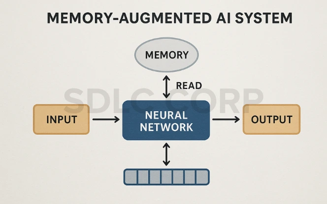 Diagram of Memory-Augmented AI System with neural network, input, output, and read/write memory flow