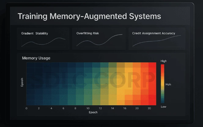 AI dashboard heatmap showing memory usage across training epochs with gradient stability, overfitting risk, and accuracy metrics.