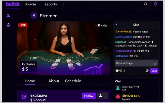 Twitch live streaming interface displaying an active iGaming channel with a live dealer casino game, real-time chat from viewers, and engagement statistics in the Twitch dark theme