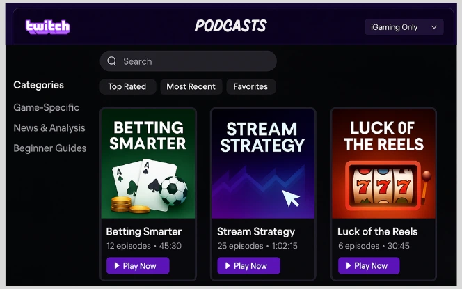 Podcast recording setup for an iGaming brand, showing professional microphones, headphones, and waveform analytics on a laptop screen, symbolizing the shift from live Twitch streaming to long-form audio content