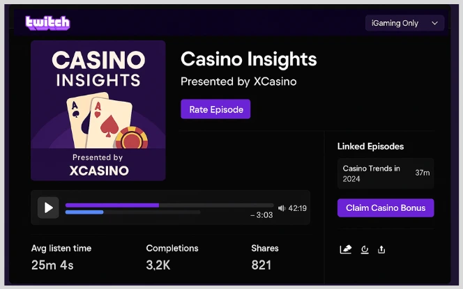 Branded iGaming podcast promotion banner showing episode highlights, guest speaker images, and platform logos, designed to engage online casino audiences through informative audio content