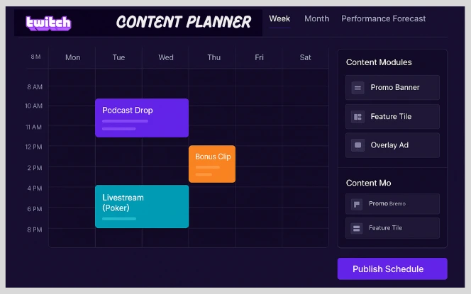 Strategic planning board for iGaming content growth, featuring charts, audience segmentation diagrams, and scheduling tools to coordinate Twitch streams, podcasts, and short-form content