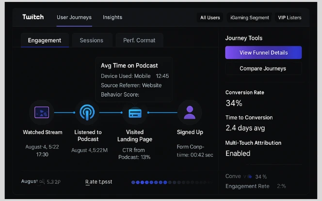 Visual flow diagram showing how Twitch live streams and podcasts connect across the iGaming user journey, from discovery and interest to engagement, conversion, and retention