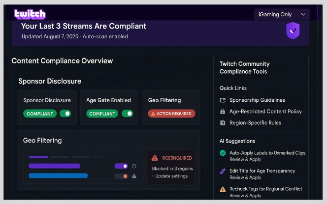 Compliance checklist for iGaming content creators, showing legal guidelines, sponsorship disclosure reminders, and responsible gaming messaging within a professional workspace setting