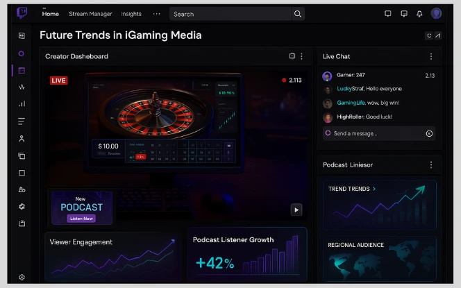 Futuristic Twitch dashboard concept for iGaming, showing interactive betting overlays, podcast mini-series promotions, and data-driven audience personalization tools in a sleek dark-themed interface