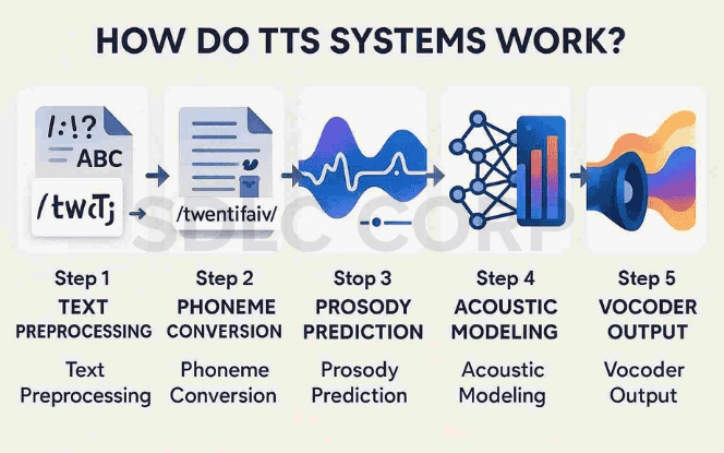Text-to-Speech AI five-step process from text preprocessing to vocoder output