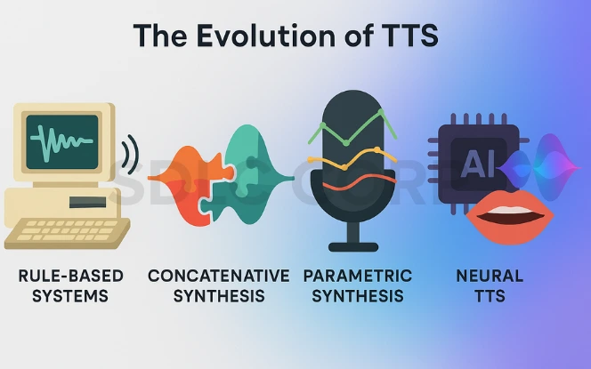 Text-to-Speech AI evolution from rule-based to neural networks infographic