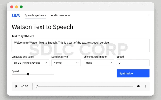 Text-to-Speech AI IBM Watson dashboard interface