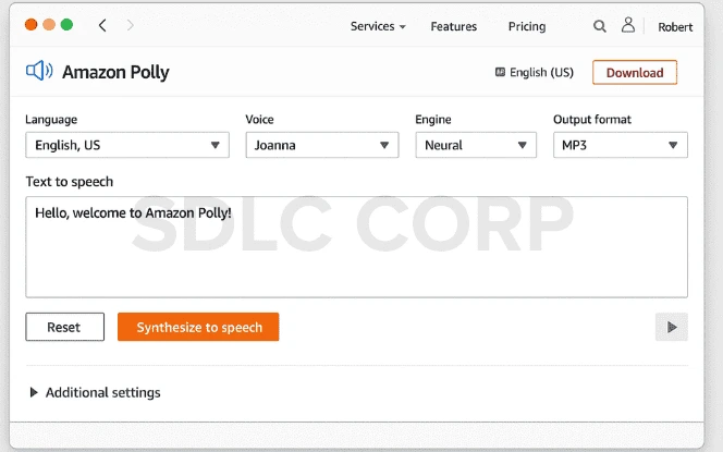 Text-to-Speech AI Amazon Polly dashboard interface