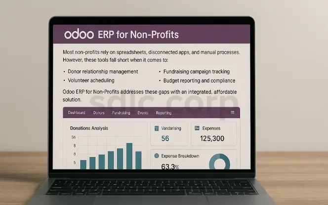  A realistic photograph of a modern laptop displaying the Odoo ERP for Non-Profits dashboard, highlighting features such as donor relationship management, volunteer scheduling, fundraising campaign tracking, and budget reporting, with clear charts and statistics visible on the screen.