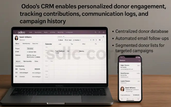  A professional, realistic image of a MacBook Pro and an iPhone placed on a wooden desk, both displaying Odoo’s CRM for donor engagement. The laptop screen shows a detailed donor profile with contributions, calendar, and contact information, while the mobile screen displays a segmented donor list, highlighting features like centralized donor database, automated email follow-ups, and targeted campaign management.