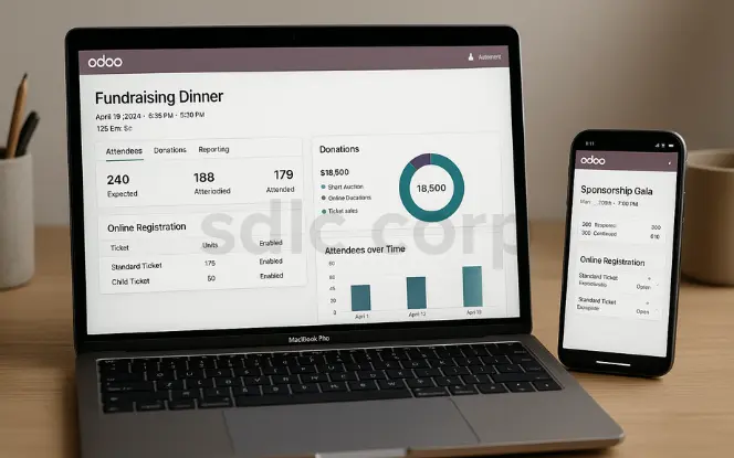A realistic, professional image of a MacBook Pro and an iPhone on a wooden desk, both displaying Odoo’s event management dashboards. The laptop screen shows detailed stats for a fundraising dinner, including attendee counts, donation amounts, ticket sales, and attendee trends, while the mobile screen presents a sponsorship gala event with registration details.