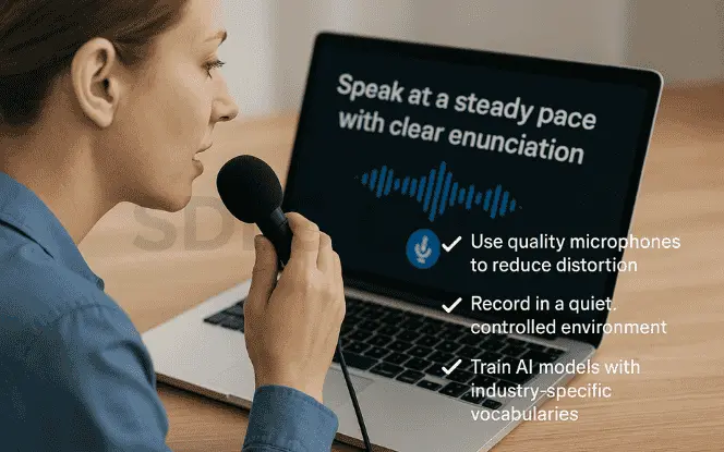  Woman using a microphone and laptop demonstrating speech-to-text conversion best practices.