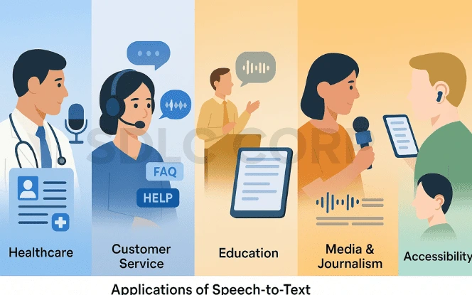 Flat-design infographic showing five applications of speech-to-text conversion: healthcare, customer service, education, media & journalism, and accessibility, each represented by colorful icon-style illustrations.