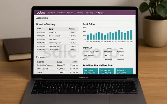  A realistic, professional image of a MacBook Pro on a wooden desk displaying Odoo’s nonprofit accounting module. The screen shows donation tracking with donor names and amounts, expense management with budget vs. actual figures, a profit & loss bar chart, and a real-time financial dashboard summarizing total income, expenses, and net income.