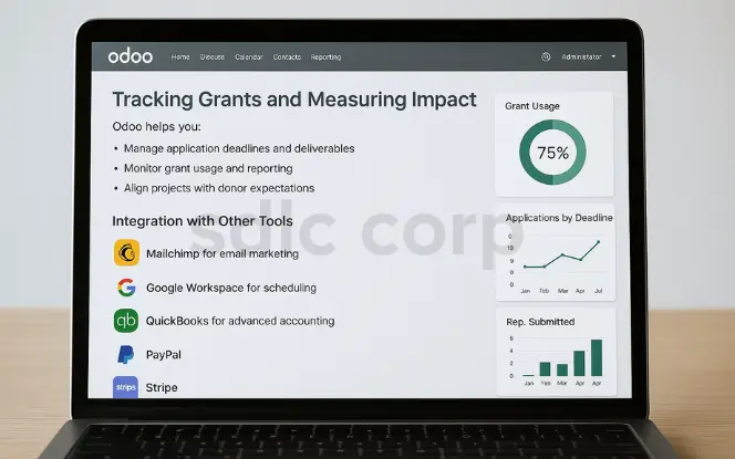 Laptop displaying Odoo grant tracking dashboard with grant usage chart, application deadlines graph, and integration icons for Mailchimp, Google Workspace, QuickBooks, PayPal, and Stripe.