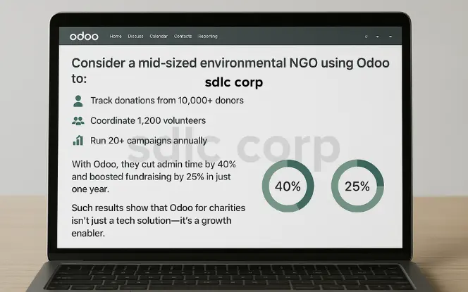Laptop showing Odoo dashboard for a mid-sized environmental NGO, highlighting donor tracking, volunteer coordination, campaign management, and performance metrics showing 40% reduced admin time and 25% increased fundraisi.