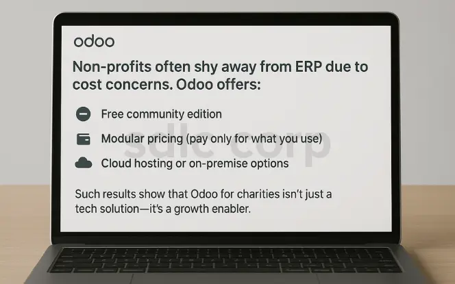 Laptop displaying Odoo ERP dashboard for non-profits, highlighting free community edition, modular pricing, and flexible cloud or on-premise hosting options.