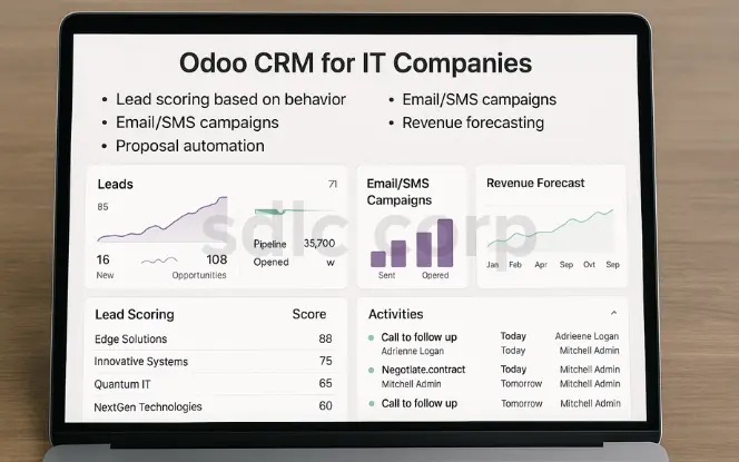 A horizontal view of a laptop displaying the Odoo CRM dashboard for IT companies, featuring lead scoring metrics, email/SMS campaign statistics, revenue forecasting graphs, and activity tracking, all presented in a clean, organized layout.
