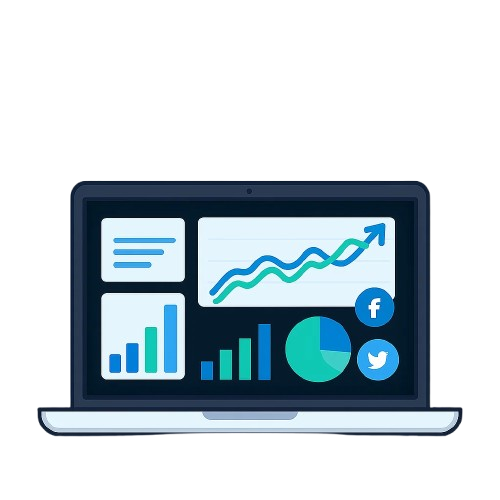 “Glowing upward arrow intertwined with data charts and marketing icons”
.