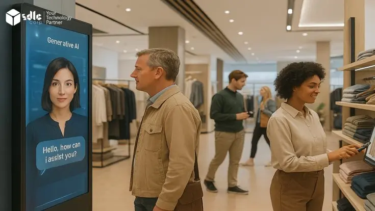 Modern retail store with AI-powered digital displays, smart shelves, and customers assisted by virtual shopping technology.
