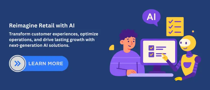 Colorful 3D illustration of a person working at a computer with an AI robot assisting, representing AI-driven solutions for retail transformation.