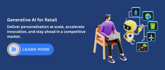 Professional 3D illustration of a person using a laptop while an AI-powered robot displays retail technology icons, symbolizing Generative AI for Retail.