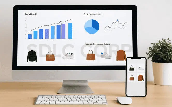 Desktop and smartphone screens showing AI-powered sales growth analytics and product recommendations for Generative AI for Retail.