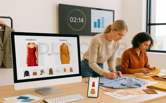 Fashion design team using Generative AI for Retail to compare clothing variations and prepare campaigns rapidly, with performance analytics on display.