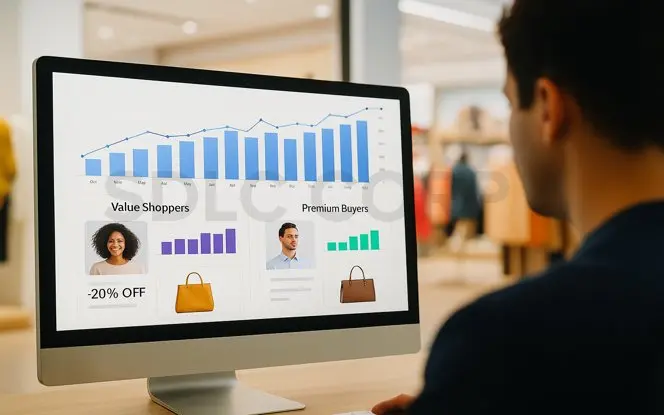 Retail analyst viewing AI dashboard for Generative AI for Retail, showing value shoppers and premium buyers with tailored offers and product recommendations.