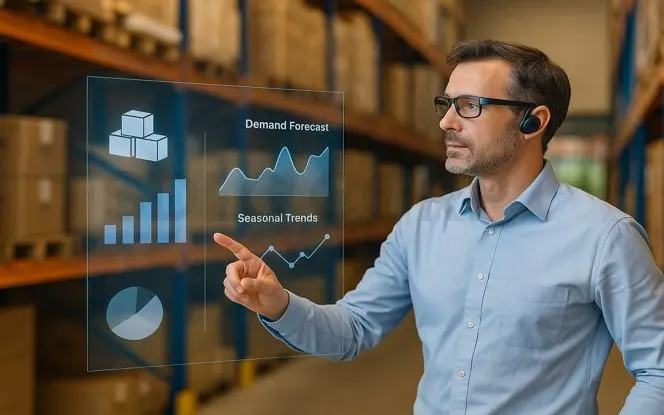 Warehouse manager using holographic AI analytics for Generative AI for Retail, displaying demand forecasts and seasonal trend graphs.