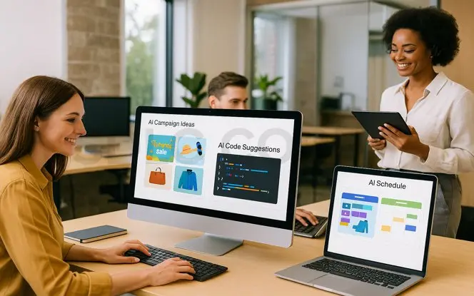 Office employees using AI-powered tools for Generative AI for Retail, including campaign idea generation, code suggestions, and automated scheduling.
