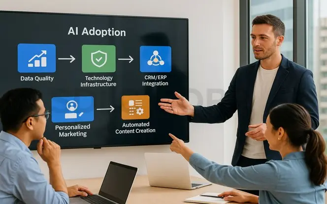 Business team discussing AI adoption roadmap for Generative AI for Retail, showing steps like data quality, technology infrastructure, CRM/ERP integration, and automated content creation.
