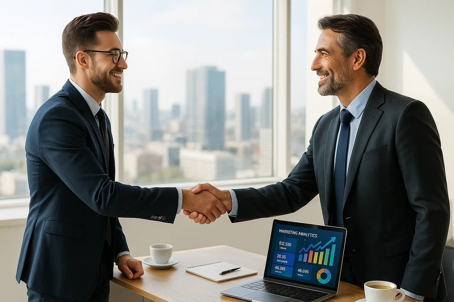  Two business professionals shaking hands in a modern office with a laptop displaying marketing analytics charts on the desk