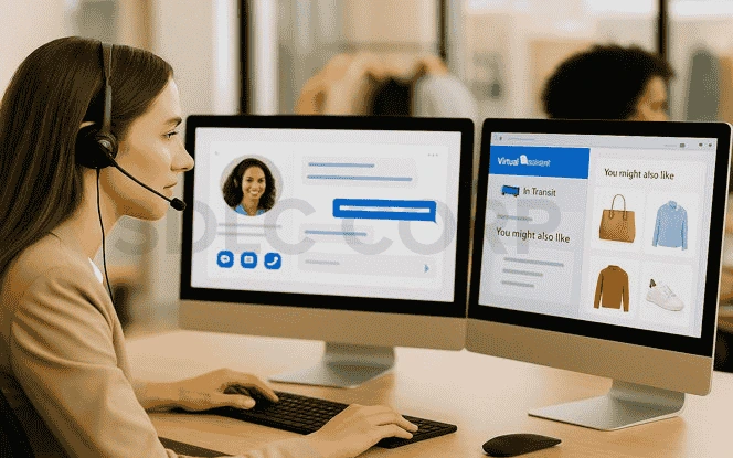 Generative AI for Retail enabling a customer service representative to handle live chats, track orders, and recommend products through virtual assistant dashboards..