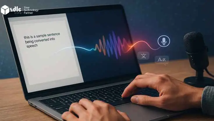 Hands typing on a laptop with Text-to-Speech AI converting typed text into colorful sound waves on screen, next to a studio microphone