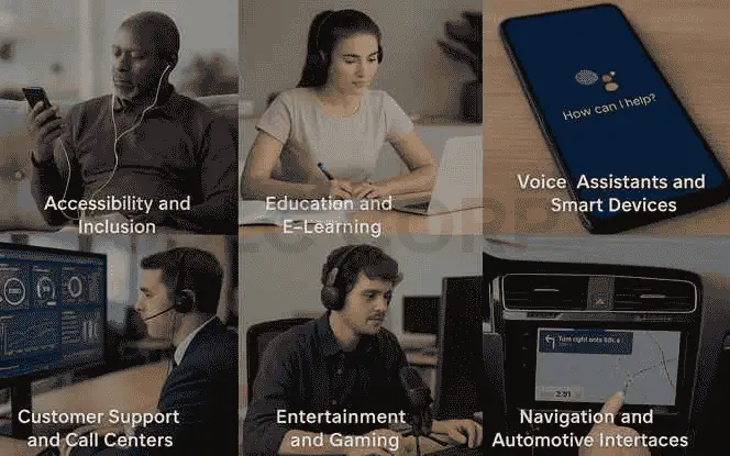 Realistic collage showing six real-world applications of Text-to-Speech AI, including accessibility, e-learning, voice assistants, customer support, gaming, and automotive navigation