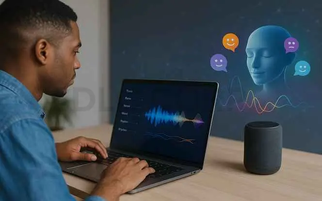 Realistic scene showing a person customizing voice settings on a Text-to-Speech AI dashboard while an AI assistant generates emotion-aware speech waves