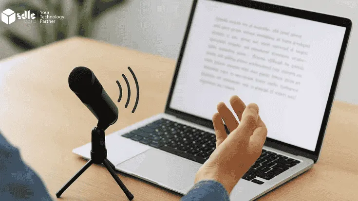 A person speaks into a black tabletop microphone connected to a laptop, where text appears on the screen, representing speech-to-text conversion in progress.