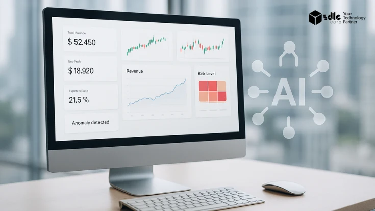 Computer monitor displaying AI-powered financial dashboard with charts, KPIs, and risk analysis in a modern office.