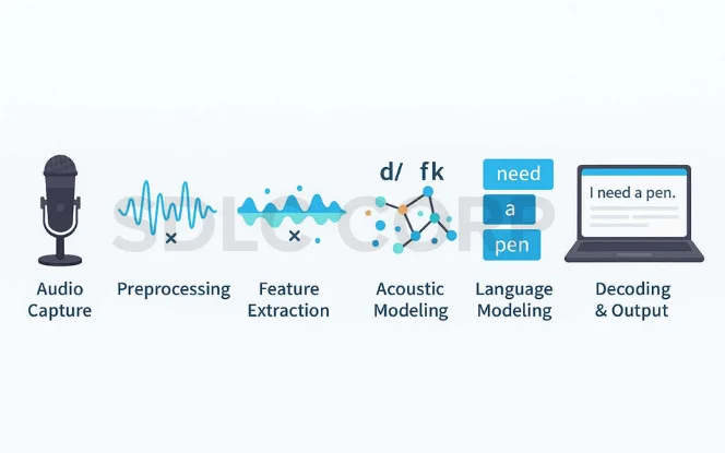 Infographic showing six stages of speech-to-text conversion from microphone to laptop text.