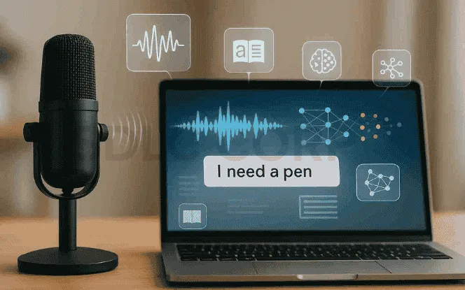 Realistic workspace with a black microphone and a laptop displaying speech-to-text output “I need a pen,” along with holographic icons for sound waves, dictionary, AI brain, and neural networks.
