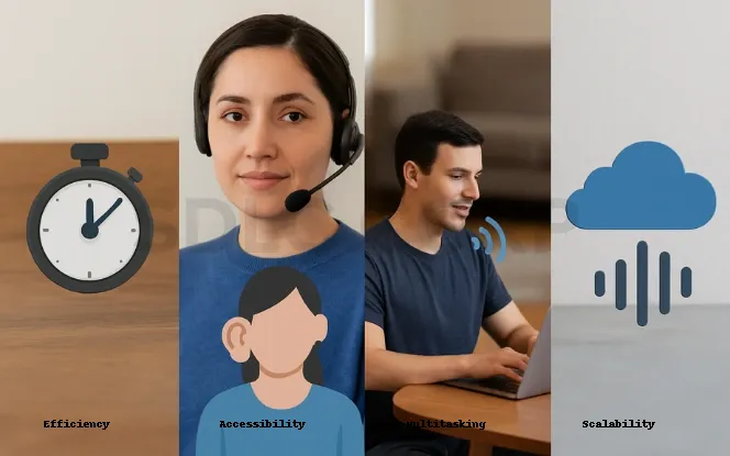 Icons and people illustrating benefits of speech-to-text conversion.