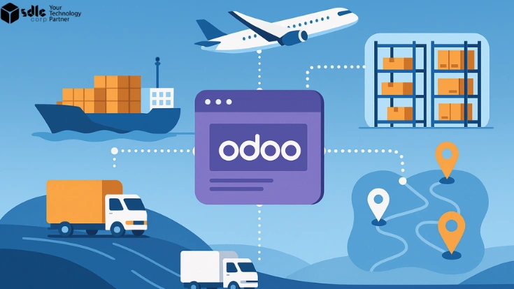 Odoo ERP managing transportation and shipping operations across logistics networks