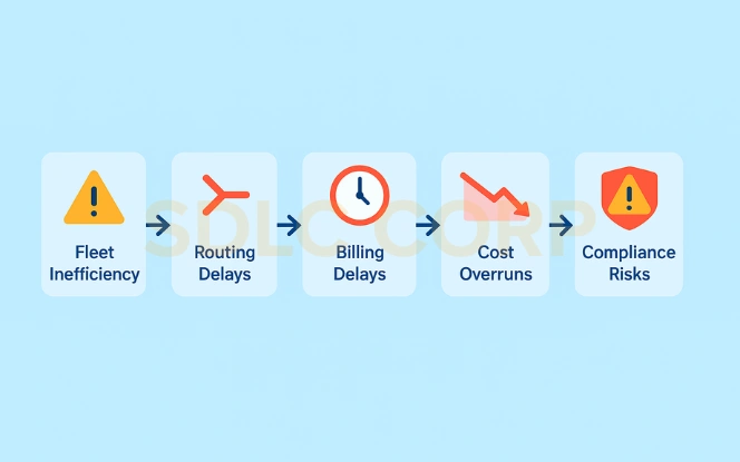 Transportation and shipping challenges shown in a simple linear flow diagram.