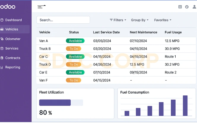 Odoo fleet interface showing vehicle status maintenance schedule fuel trends and route assignments.