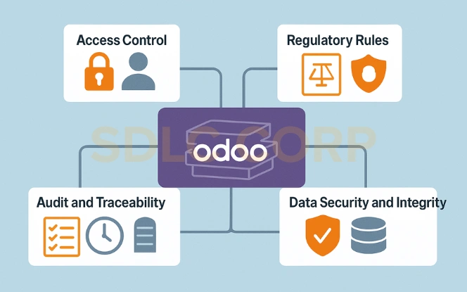 Compliance customization diagram showing access control audit traceability regulatory rules and data security.