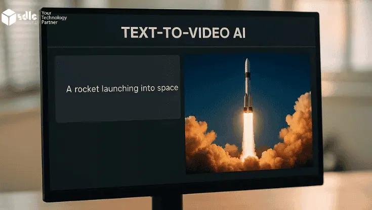 Realistic computer monitor displaying text to video AI software interface with a rocket launch preview