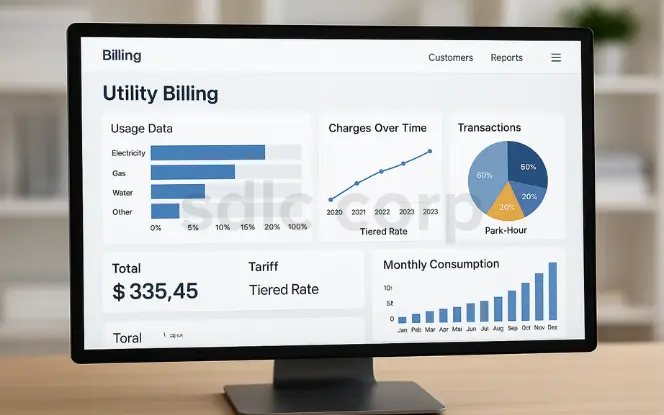 Realistic computer monitor displaying an Odoo utility billing dashboard with charts for usage data, charges over time, transactions, total amount, tariff details, and monthly consumption trends.