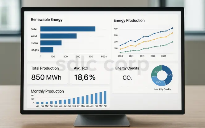 Realistic computer monitor displaying a renewable energy management dashboard with charts for solar, wind, hydro, and biogas production, energy output trends, total production, average ROI, and CO2 energy credit breakdown.